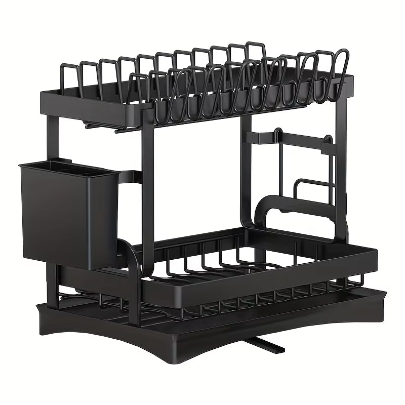 2-Tier Metal Dish Drying Rack – Black Kitchen Counter Dish Drainer with Drainboard, Space-Saving Storage Organizer
