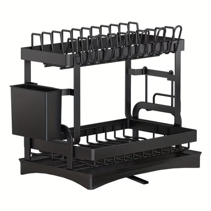 2-Tier Metal Dish Drying Rack – Black Kitchen Counter Dish Drainer with Drainboard, Space-Saving Storage Organizer