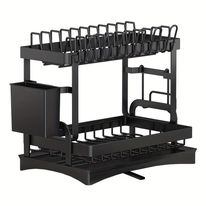 2-Tier Metal Dish Drying Rack – Black Kitchen Counter Dish Drainer with Drainboard, Space-Saving Storage Organizer