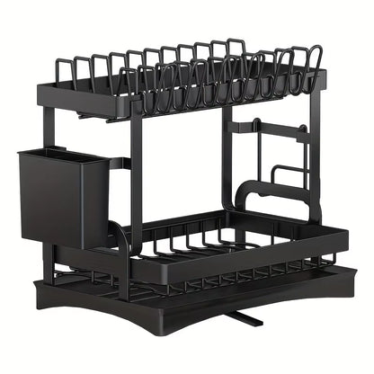 2-Tier Metal Dish Drying Rack – Black Kitchen Counter Dish Drainer with Drainboard, Space-Saving Storage Organizer