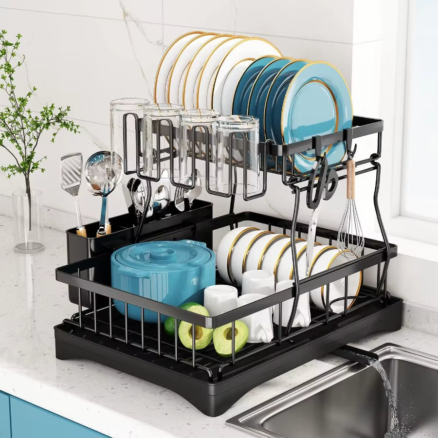 Dish Drying Rack 2 Tier Dish Racks for Kitchen Counter Large Stainless Steel Kitchen Dish Drying Rack with Drainboard Detachabl
