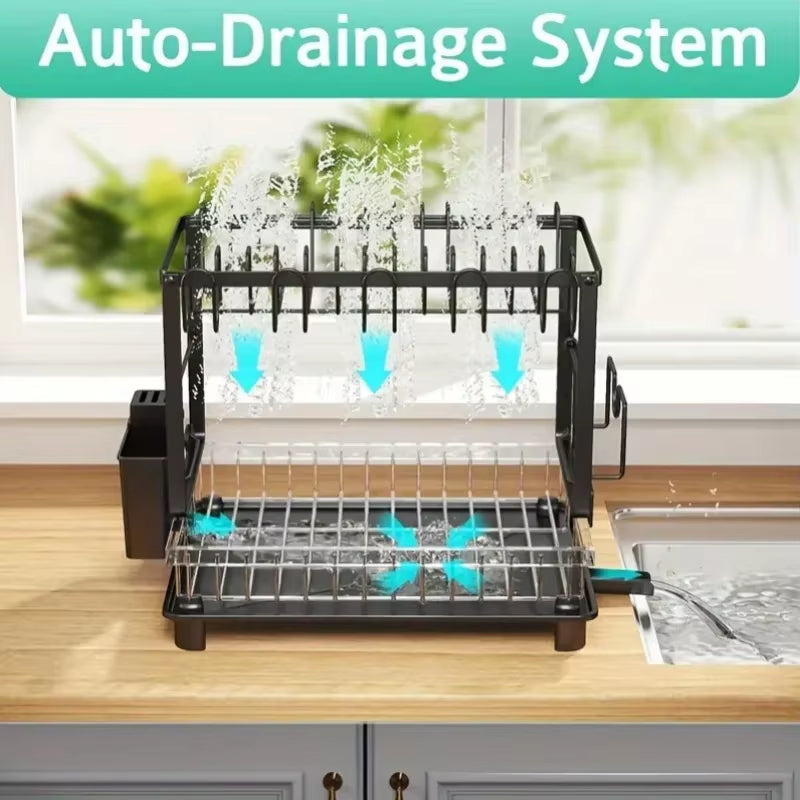 2-Tier Metal Dish Drying Rack – Black Kitchen Counter Dish Drainer with Drainboard, Space-Saving Storage Organizer