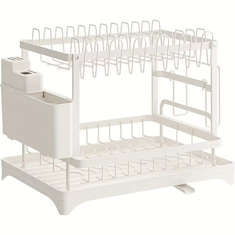 2-Tier Metal Dish Drying Rack – Black Kitchen Counter Dish Drainer with Drainboard, Space-Saving Storage Organizer
