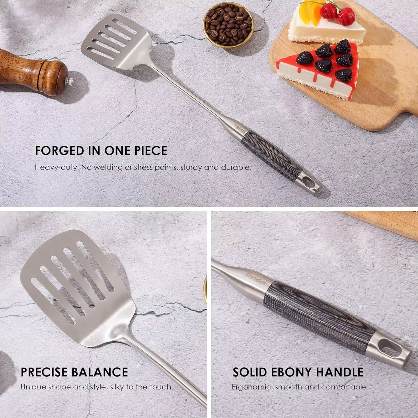 18/10 Stainless Steel Kitchen Utensils Set with Wooden Handle, 8Pcs 15” Long Cooking Utensil Set & Kitchen Gadgets Cookware Set