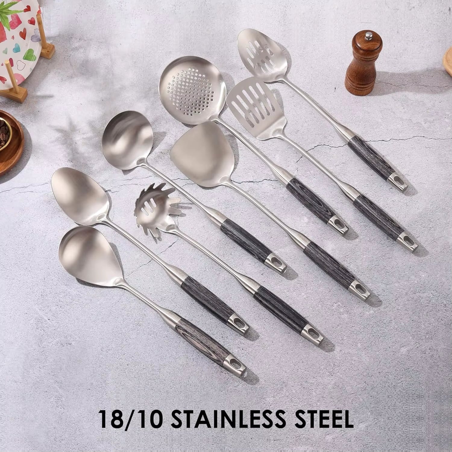 18/10 Stainless Steel Kitchen Utensils Set with Wooden Handle, 8Pcs 15” Long Cooking Utensil Set & Kitchen Gadgets Cookware Set