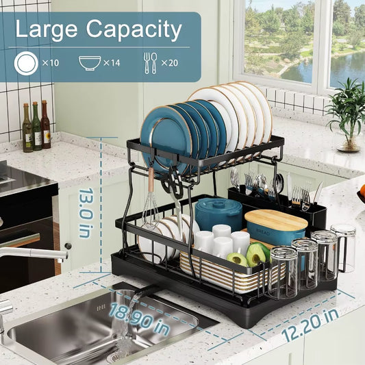 Dish Drying Rack 2 Tier Dish Racks for Kitchen Counter Large Stainless Steel Kitchen Dish Drying Rack with Drainboard Detachabl