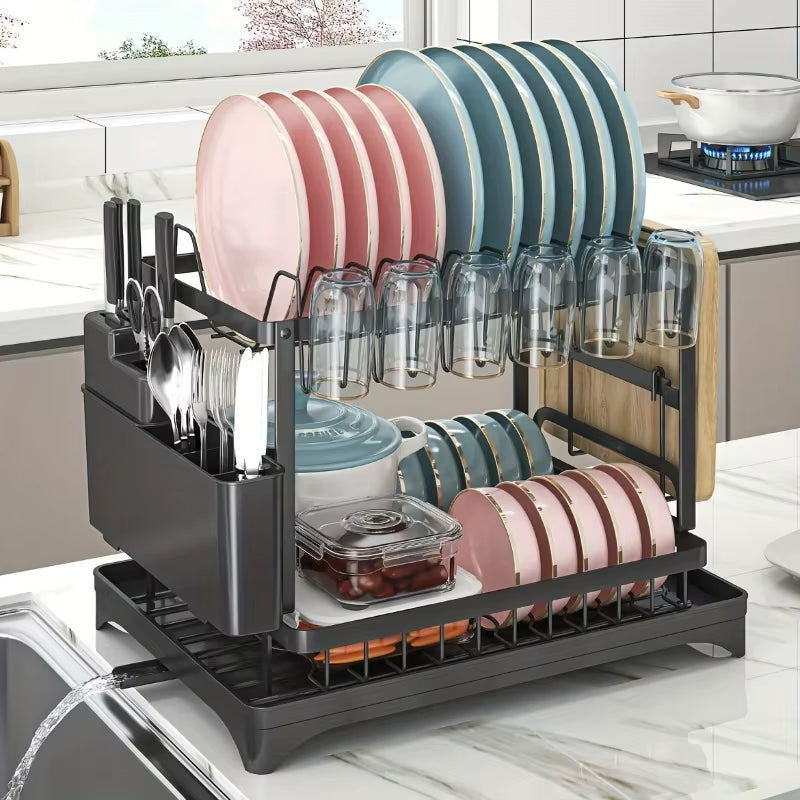 2-Tier Metal Dish Drying Rack – Black Kitchen Counter Dish Drainer with Drainboard, Space-Saving Storage Organizer