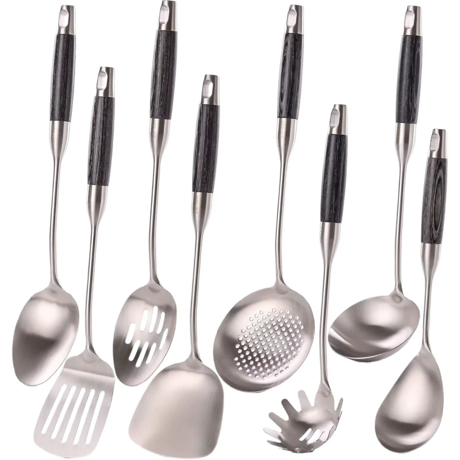 18/10 Stainless Steel Kitchen Utensils Set with Wooden Handle, 8Pcs 15” Long Cooking Utensil Set & Kitchen Gadgets Cookware Set