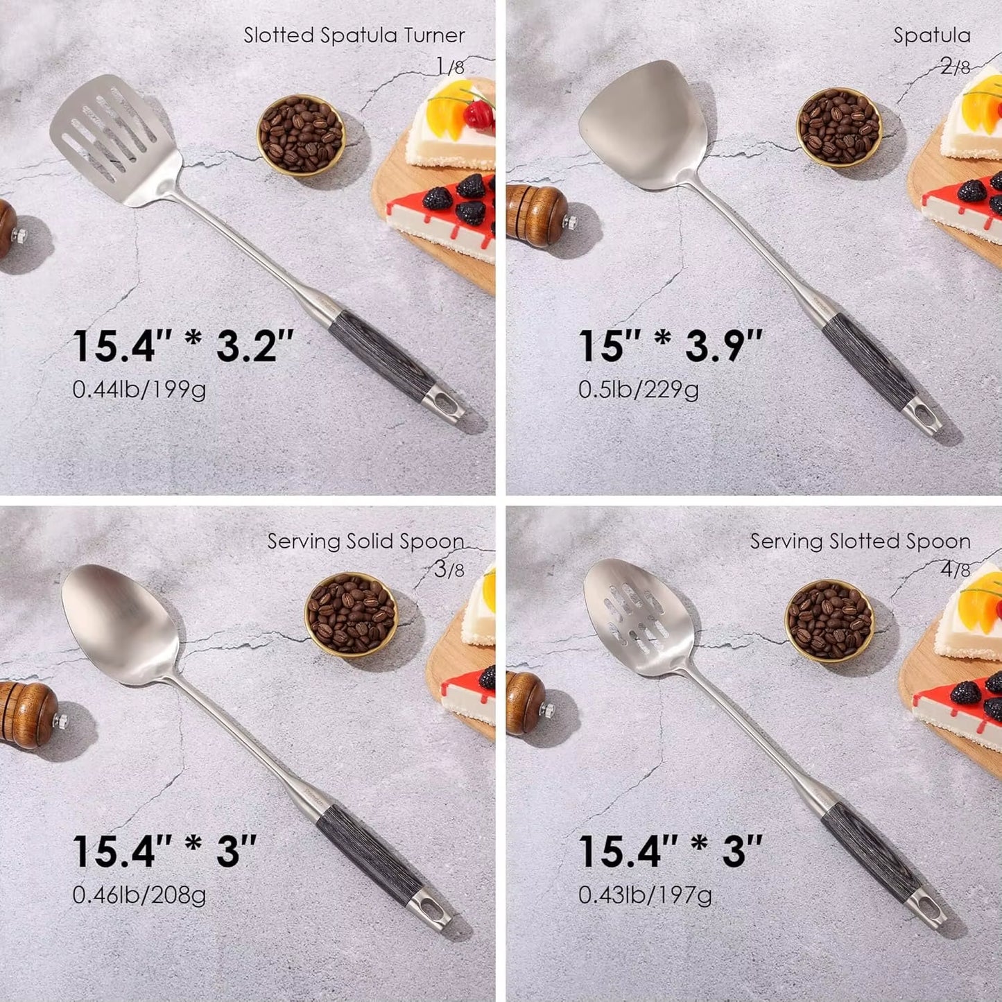 18/10 Stainless Steel Kitchen Utensils Set with Wooden Handle, 8Pcs 15” Long Cooking Utensil Set & Kitchen Gadgets Cookware Set