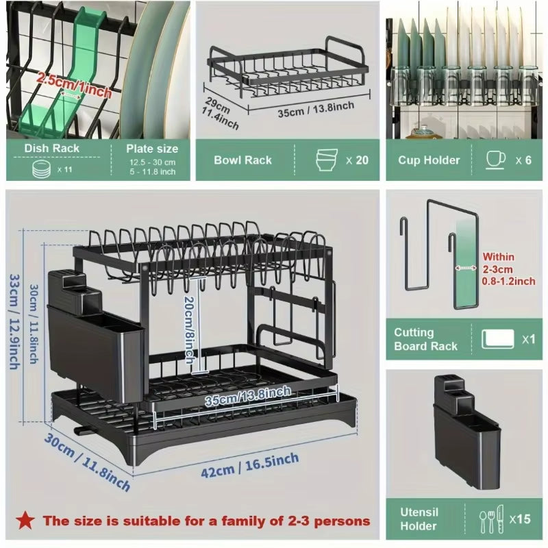 2-Tier Metal Dish Drying Rack – Black Kitchen Counter Dish Drainer with Drainboard, Space-Saving Storage Organizer